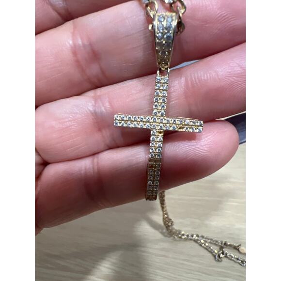 Vintage 925 Italy Gold Tone Rhinestone Cross Pendant Necklace - Picture 4 of 10